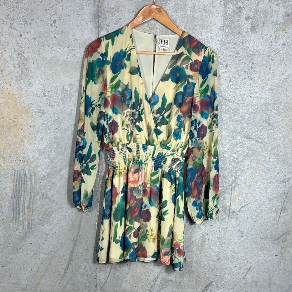Haute Hippie Faux Wrap Long Sleeve Floral Mini Dress, Open Back,